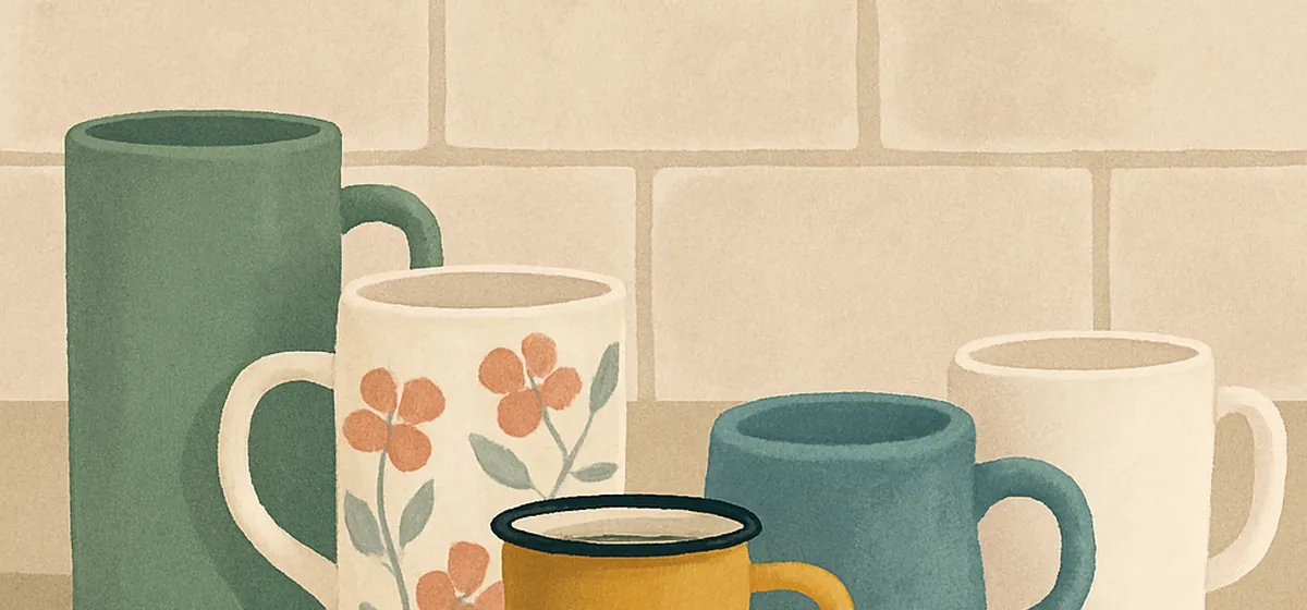 Illustration of five different coffee mugs lined up on a kitchen counter, one for each person in the household